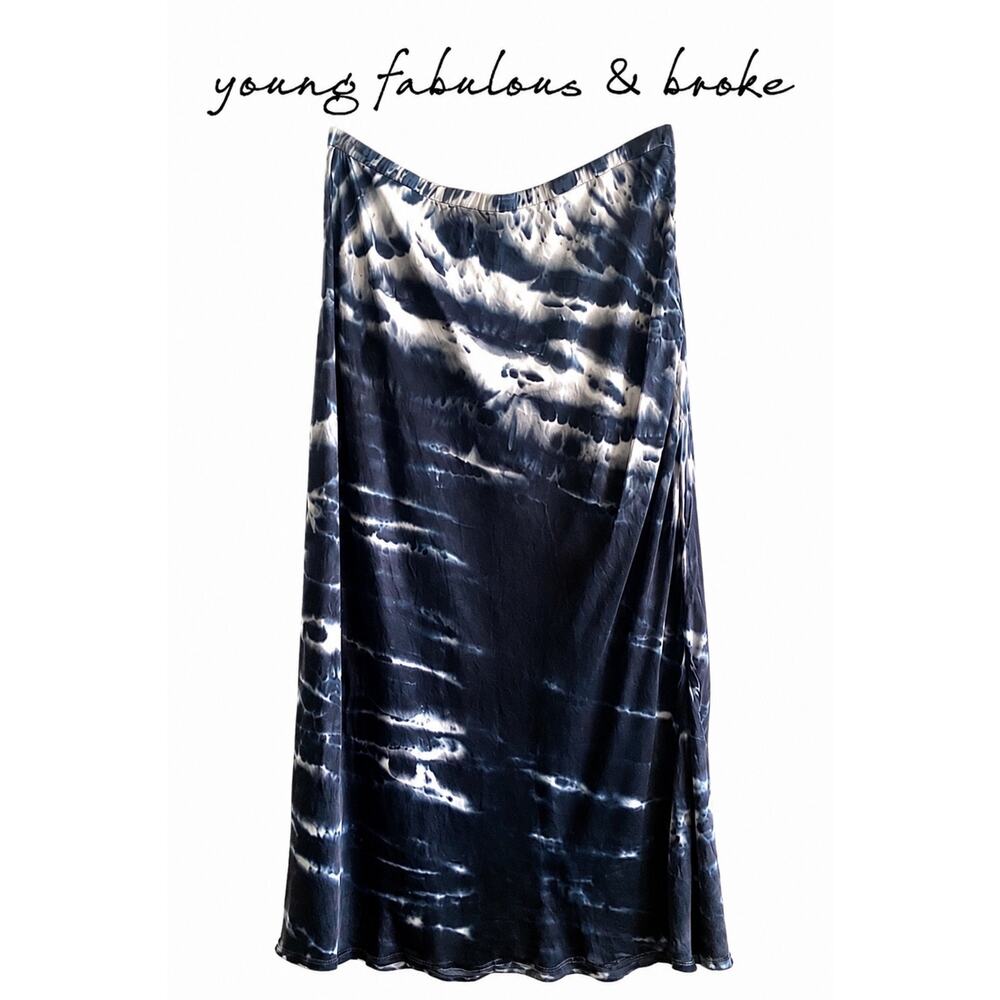 Young Fabulous & Broke YFB Sylvie Midi Skirt Midnight Blue Tie Dye Slit Size M
